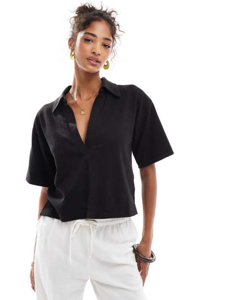 Cotton On Rib beach polo top in black/trims - BLACK - view 1