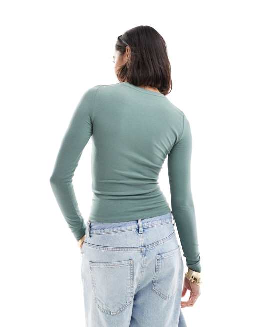 Cotton On rib crew long sleeve top in washed jade green ASOS