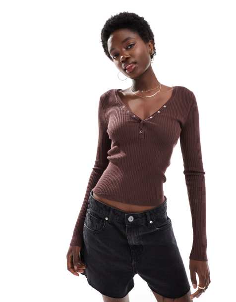 Cotton On Rib knit henley long sleeve in burgundy