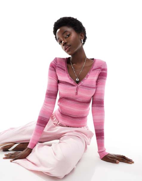 Cotton On rib knit henley long sleeve jumper in pink - view 1