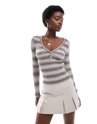 Cotton:On Cotton On rib knit henley long sleeve knit top in seamoss space dye-Multi