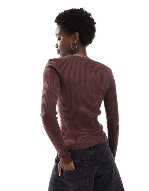 Cotton On rib knit long sleeve henley sweater in burgundy, 3 of 4