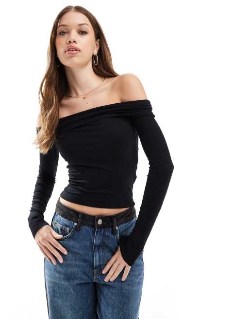 Cotton On rib off shoulder long sleeve top in black ASOS