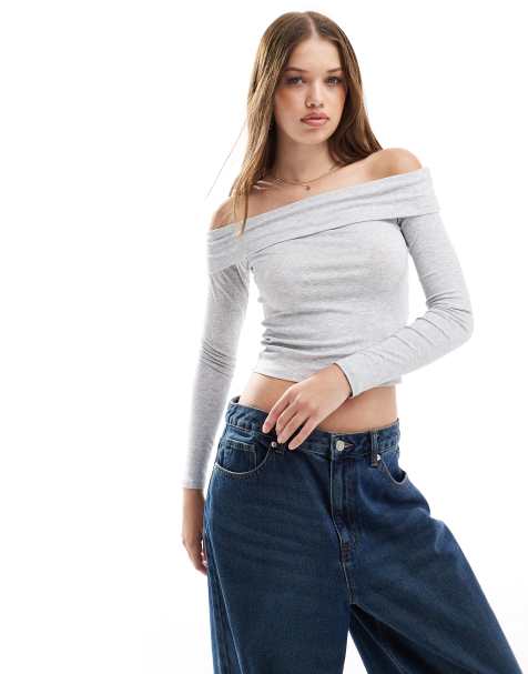 Cotton On rib off shoulder long sleeve top in grey - view 1