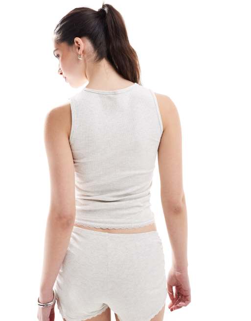 Cotton On rib ruffle cami sleep top co-ord in grey marl, 2 of 4