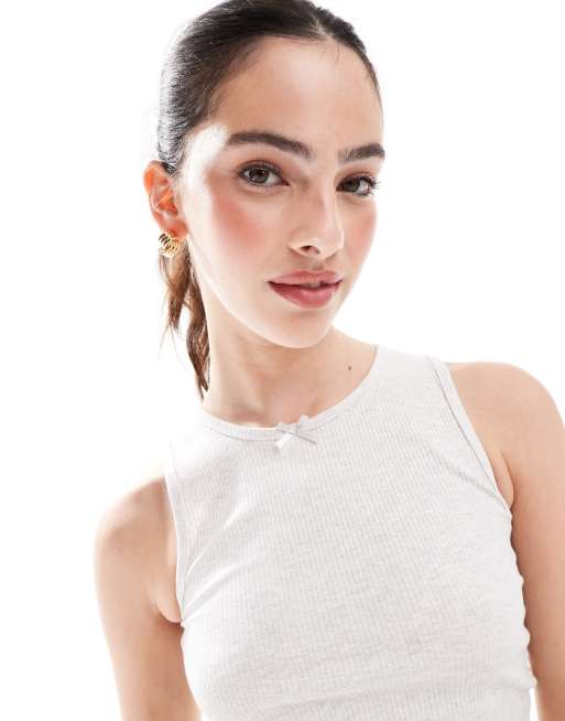 Cotton On rib ruffle cami sleep top co-ord in grey marl, 4 of 4