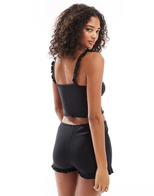 Cotton On rib ruffle pyjama cami top in black (part of a set), 4 of 4