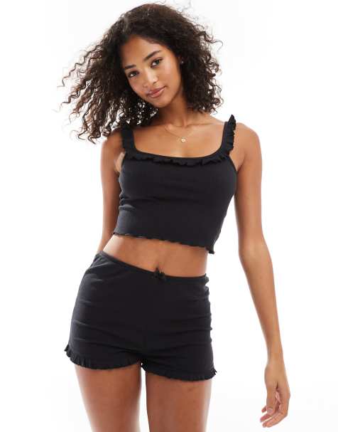 Cotton On rib ruffle pyjama cami top set in black - view 1
