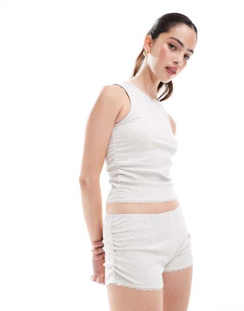 Cotton On rib ruffle sleep shorts in grey marl (part of a set) - view 1