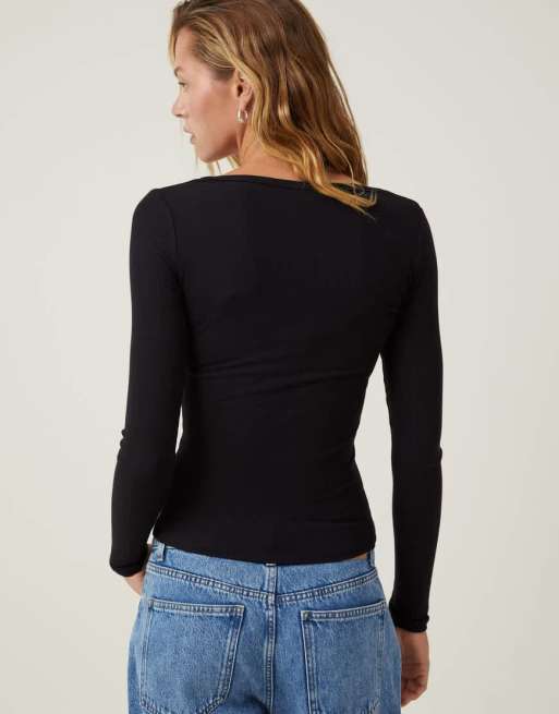 Cotton On rib scoop neck long sleeve top in black , 2 of 4