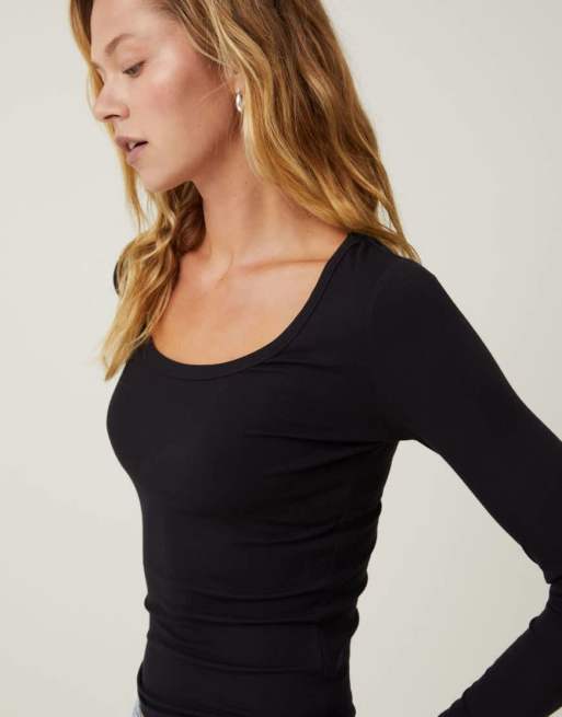 Cotton On rib scoop neck long sleeve top in black , 3 of 4