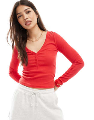 Cotton:On Cotton On rib v neck henley long sleeve top in rebel red