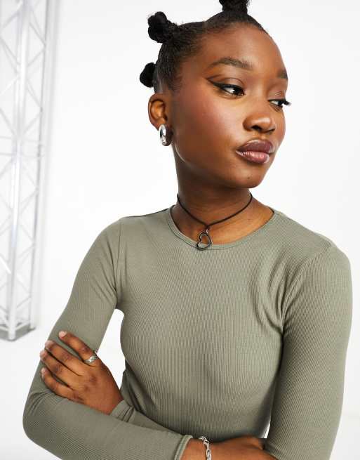 Cotton On ribbed crew long sleeve t-shirt in khaki ASOS