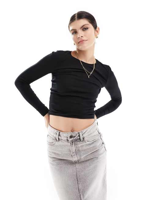 Black Cotton Long Sleeve Crop Top, Tops