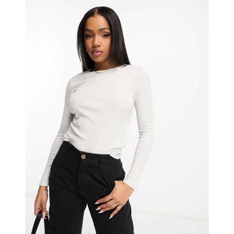 Cotton On ribbed crew neck long sleeved top in grey
