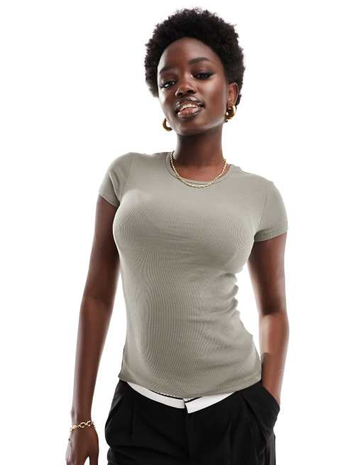 Cotton On ribbed crew slim fit T-shirt in khaki 