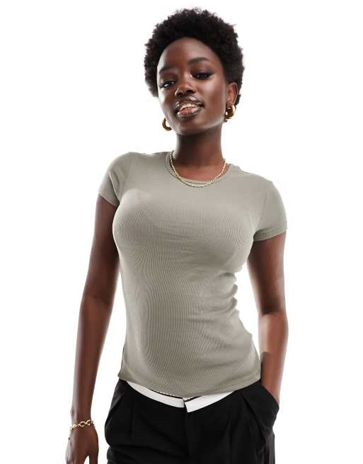 Cotton On ribbed crew slim fit T-shirt in khaki