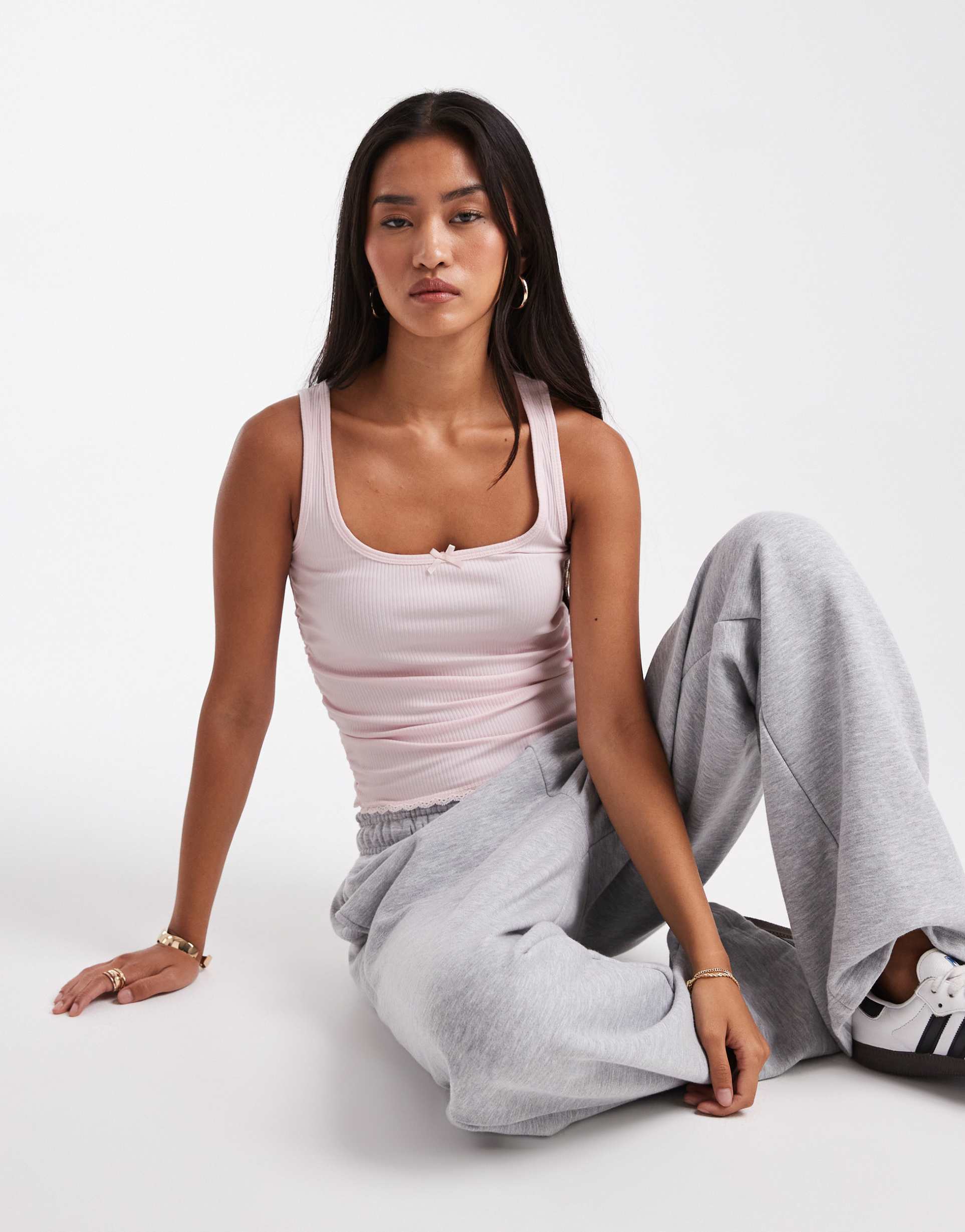 cotton on ribbed lace ruched tank top in tender pink