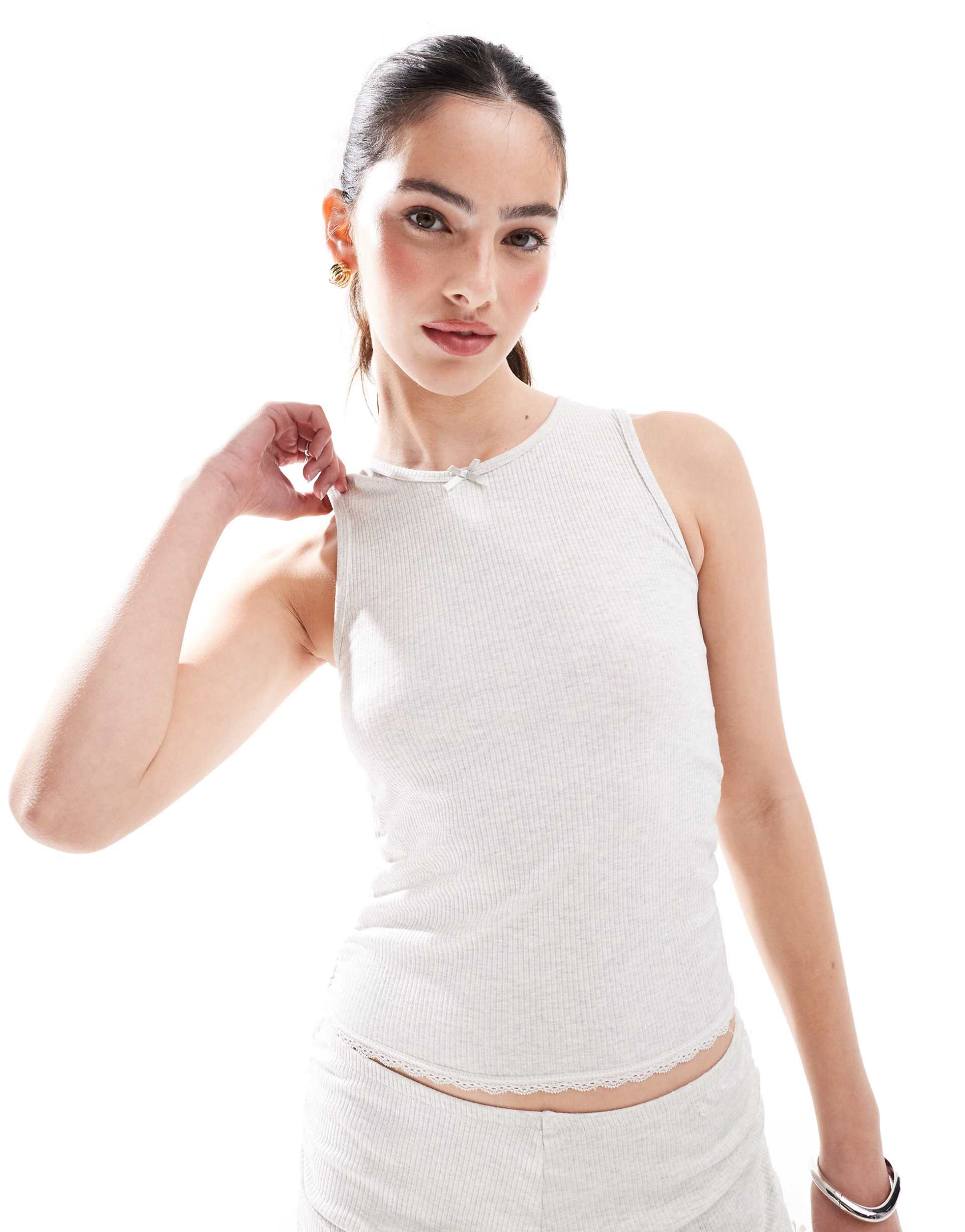 cotton on ribbed ruffle cami sleep top in gray heather - part of a set