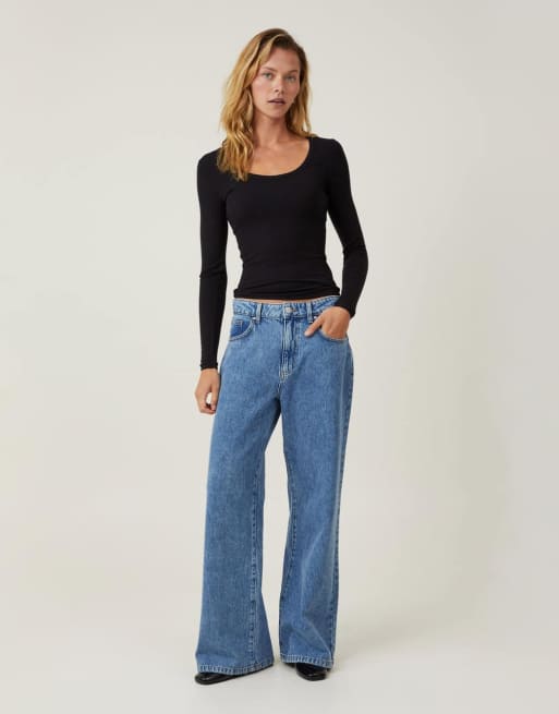 Cotton On rib scoop neck long sleeve top in black