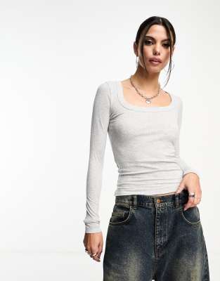 Cotton:on Cotton On Ribbed Scoop Neck Long Sleeve Top In Gray