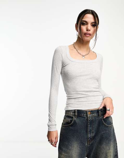 Cotton On ribbed scoop neck long sleeve top in gray - view 1