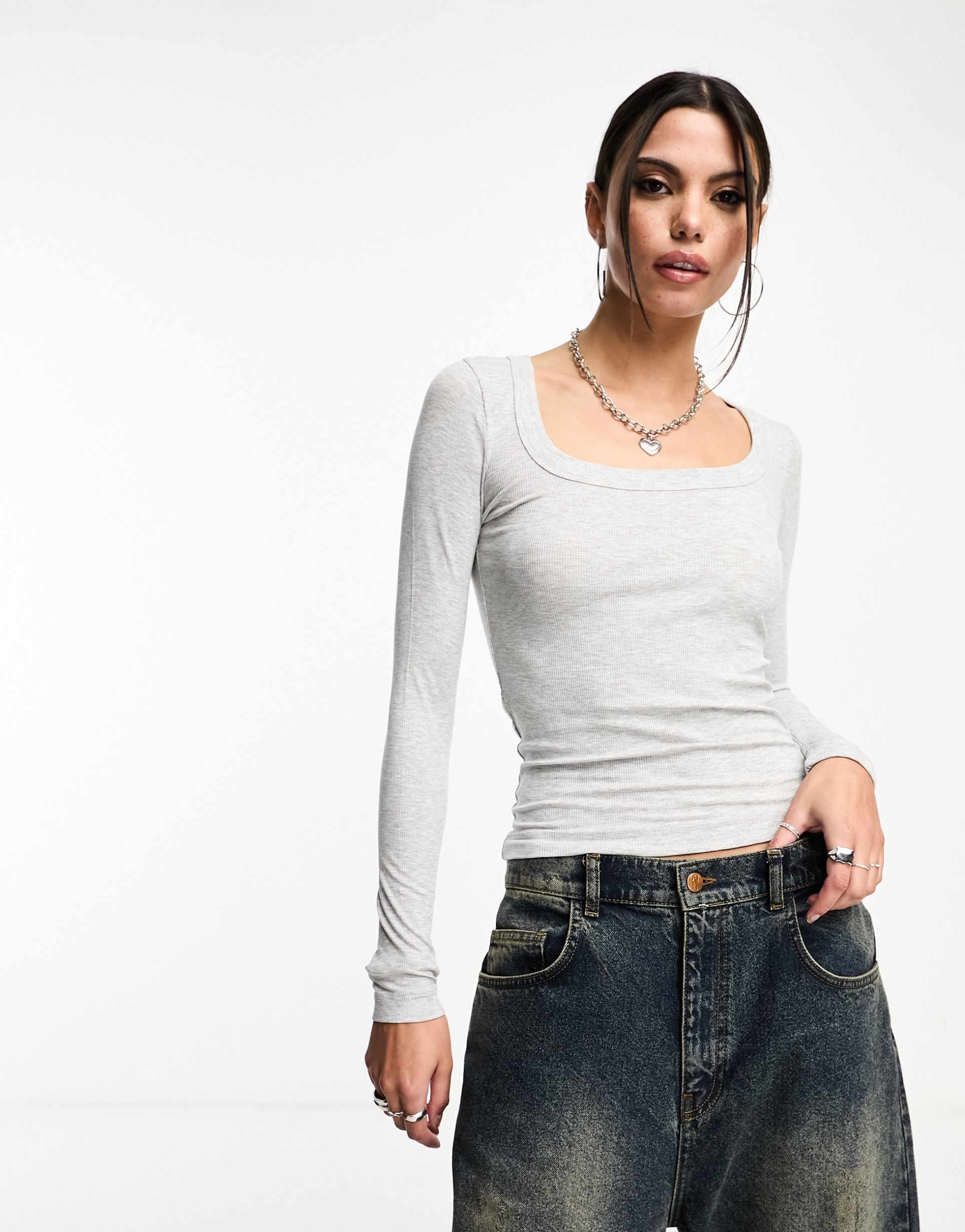 cotton on ribbed scoop neck long sleeve top in gray