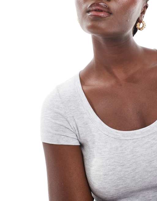 Women's Cotton Scoop Neck Crop Top - Basic Short Sleeve Tee, Stretchy & Comfortable (ASHGREY) - View #3