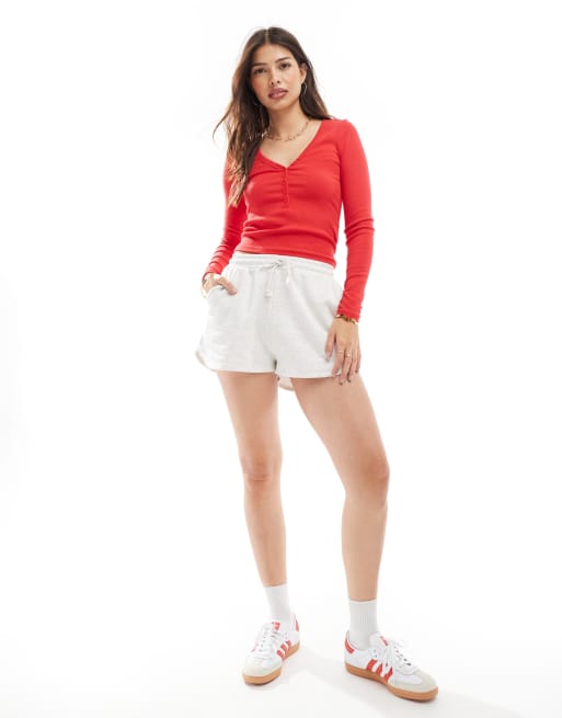 Cotton On ribbed v neck henley long sleeve top in rebel red, 3 of 4