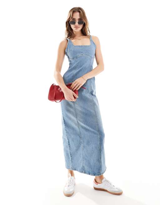 Cotton On - Robe longue en jean à coutures visibles - Bleu délavé vintage 
