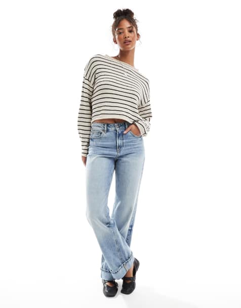 Cotton On roll over boat neck sweater in stone stripe - view 1