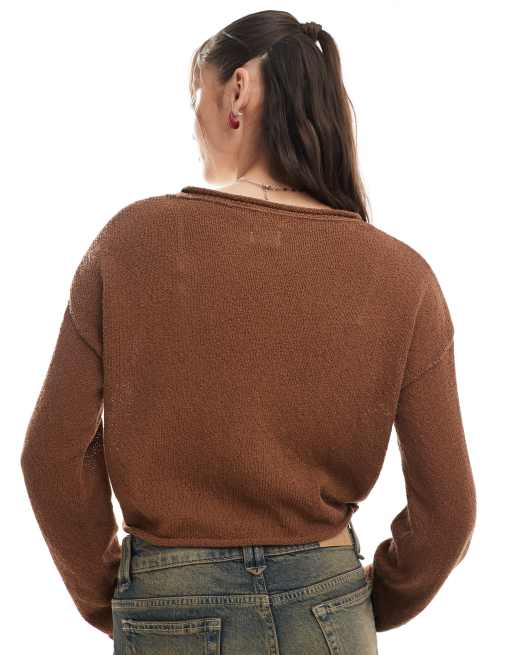 Cotton On roll over boat neck sweater in walnut, 3 of 4