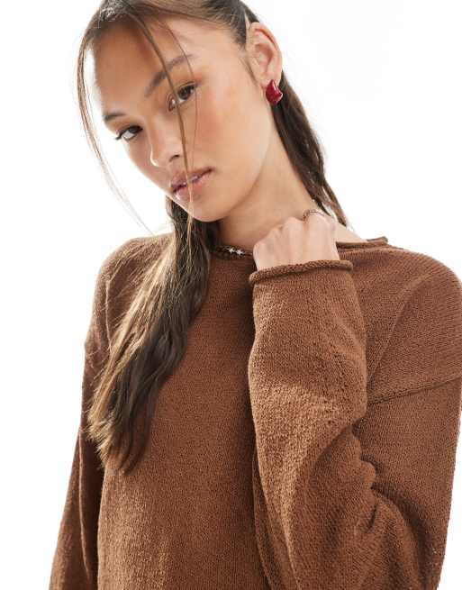 Cotton On roll over boat neck sweater in walnut, 4 of 4