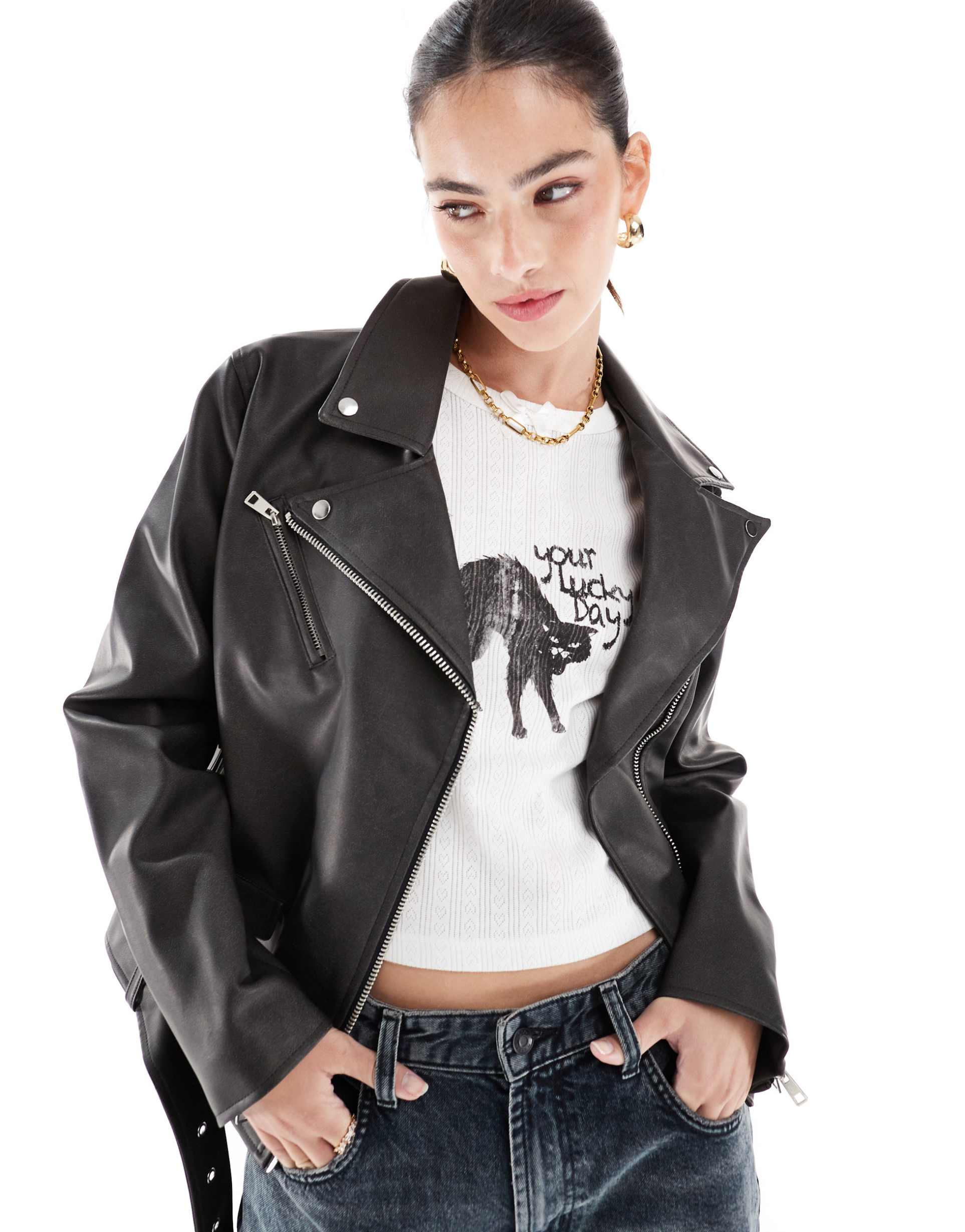 cotton on roman faux leather biker jacket in black