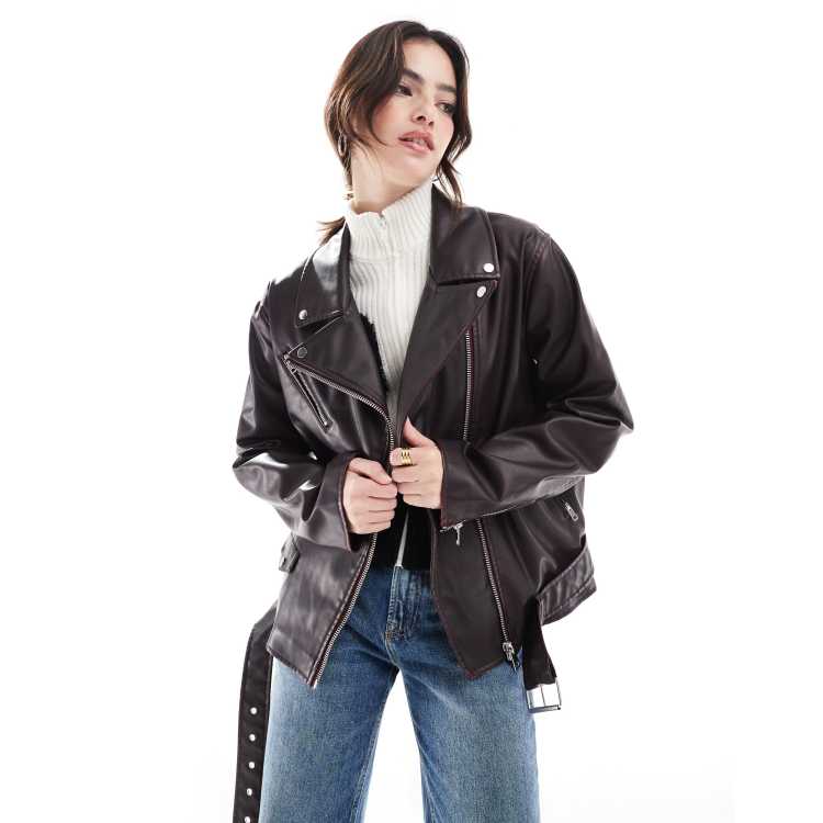 Cotton On roman faux leather biker jacket in distressed