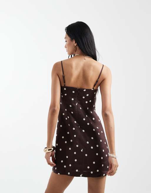 Cotton On ruched bust linen mini dress in dark oak polka dot, 2 of 4