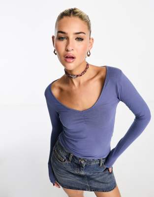 Cotton On ruched front long sleeve top in blue 