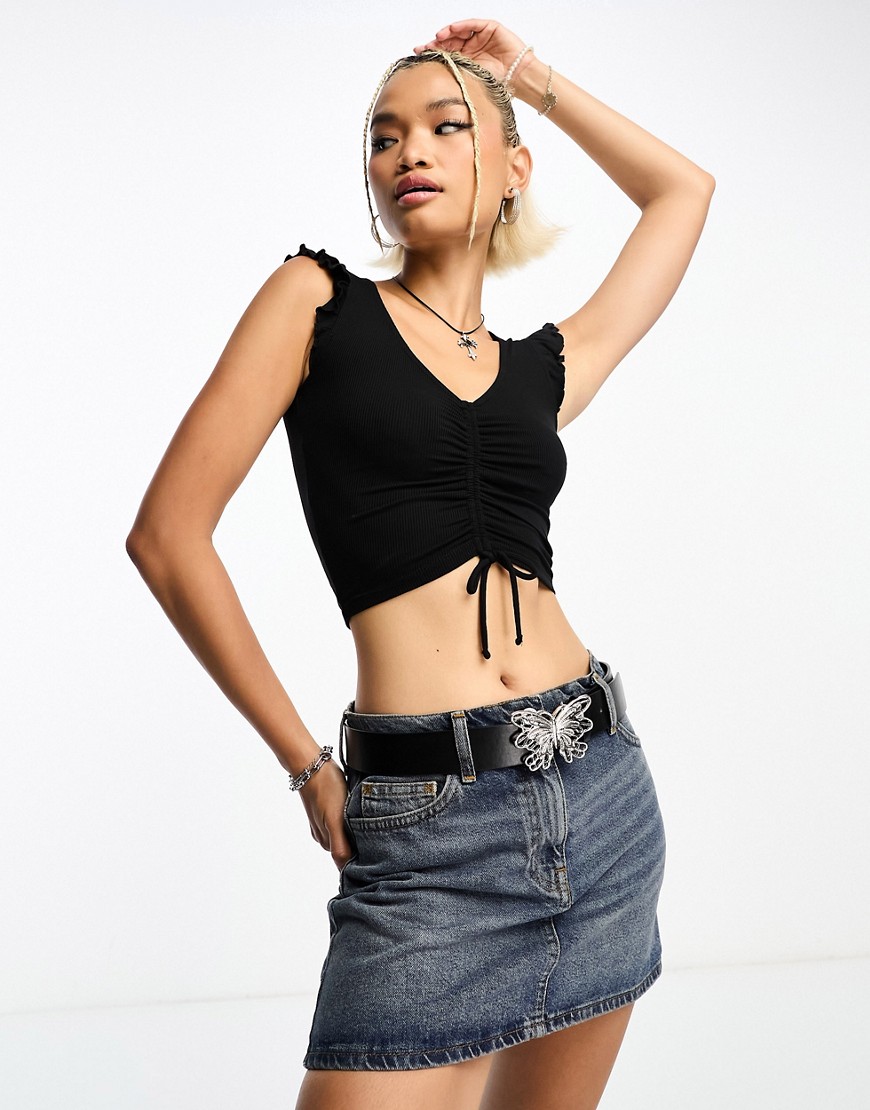 Cotton On ruched front tie detail crop top-Black
