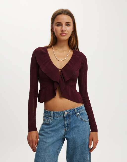 Cotton On Ruffle knit cardi in burgundy, 2 of 4