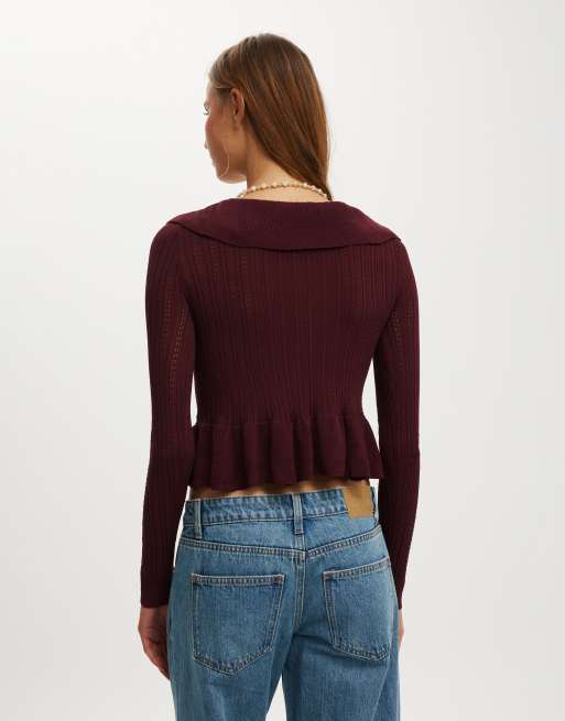Cotton On Ruffle knit cardi in burgundy, 4 of 4