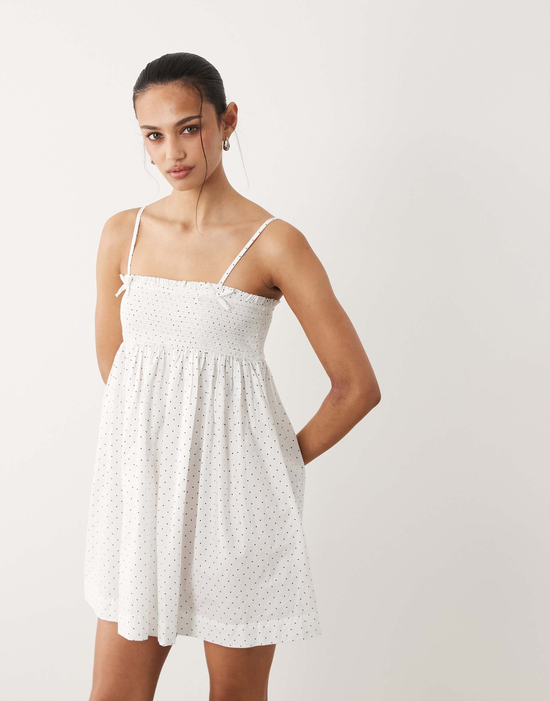cotton on ruffle sleeveless mini dress in white micro polka dot print