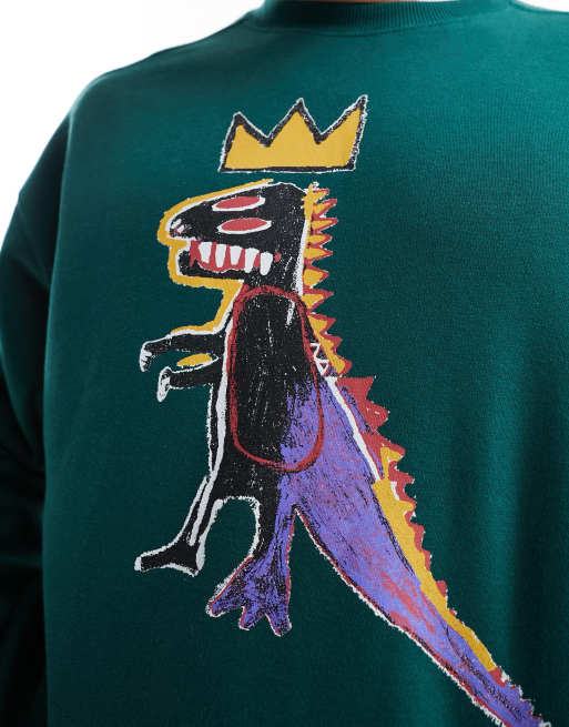 Cotton On - Ruimvallend sweatshirt met grafische Basquiat-dinosaurusprint in groen , 3 van 4