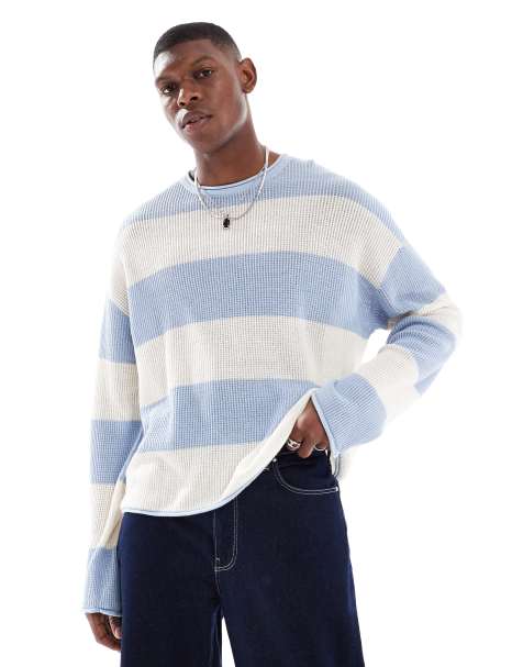 Cotton On - Ruimvallende, gestreepte gebreide trui met lange mouwen in blauw - view 1