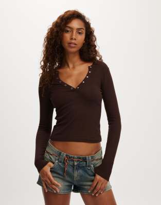 Cotton On Ryan henley long sleeve in brown-Auburn