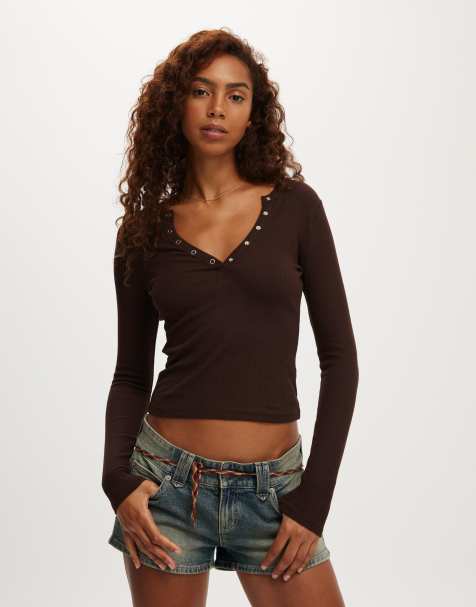 Cotton  On Ryan henley long sleeve in brown - view 1