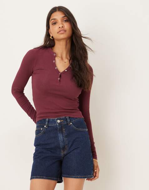 Cotton  On Ryan henley long sleeve in burgundy - view 1