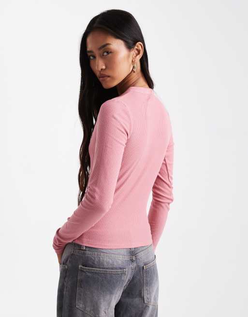Kissfix Women's Long Sleeve Henley Top – Ribbed Knit Button-Down Blouse, Rose Pink, Medium