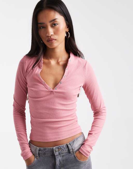 Cotton On - Ryan - Henley top met lange mouwen in vintage roze