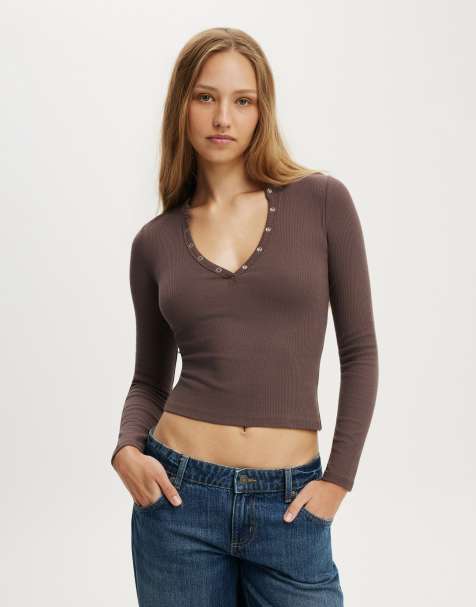 Cotton On – Ryan – Langärmliges Henley-T-Shirt in Braun - view 1