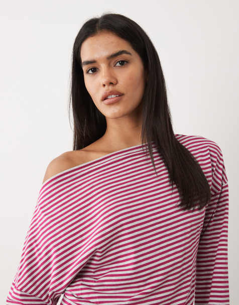 Cotton On Sage off-shoulder long sleeve top in dark lotus stripe - view 1